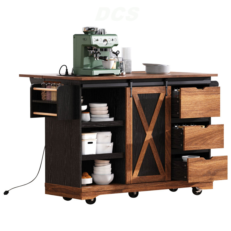 55.5" Farmhouse Kitchen Island With Drop Leaf, Kitchen Storage Island With Barn Door, Power Outlet, Rolling Kitchen Cart On Wheels With Spice Rack, For Home, Kitchen, Dining Room, Black, Kitchen Island