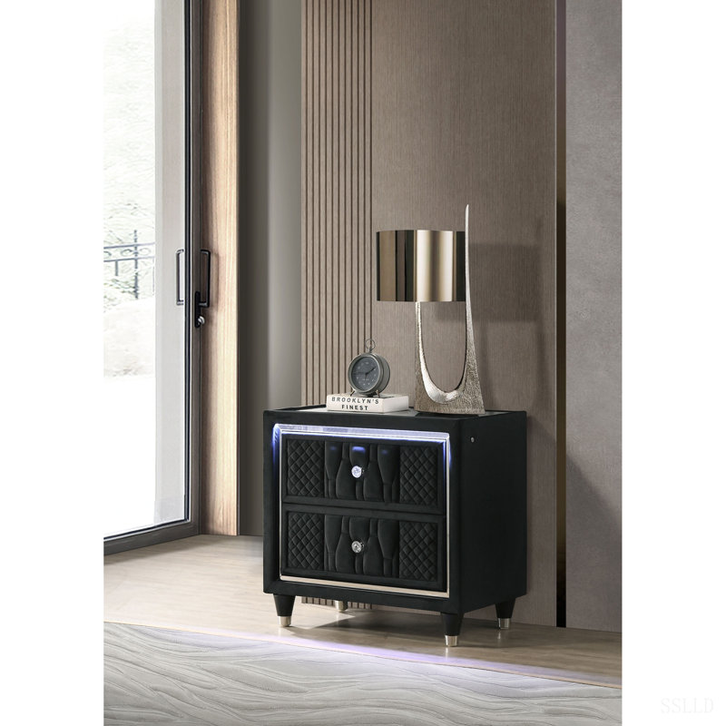 Table de chevet à 2 tiroirs DEL Mika avec port USB, Black