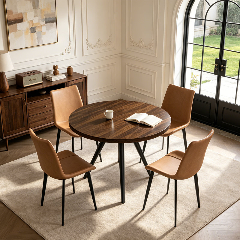 5-Piece Round Dining Table Set, 34.7" Modern Kitchen Table with Dining Chairs, Walnut, Brown