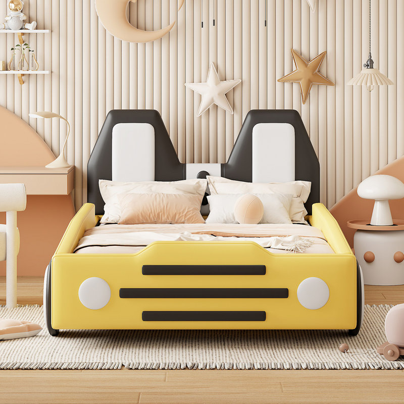 Race Car-Shaped Platform Bed With Wheels, Yellow