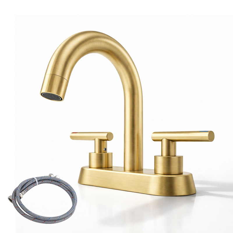 4" Centerset High Arc Dual Handle Bathroom Faucet, Lead-free Brass Vanity Sink Faucet With Supply Lines (drain Not Included) - Brushed Gold