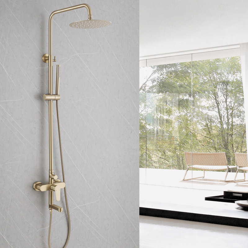 10 Inch Round Wall Mounted Rainfall Shower System with Handheld Sprayer, Brushed Gold, Brushed Gold