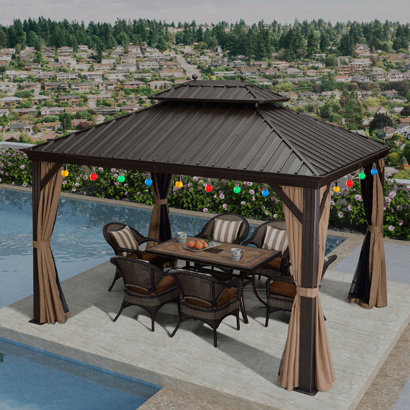 Metal Patio Gazebo with 48 Ft String Lights, 10 ft x 12 ft