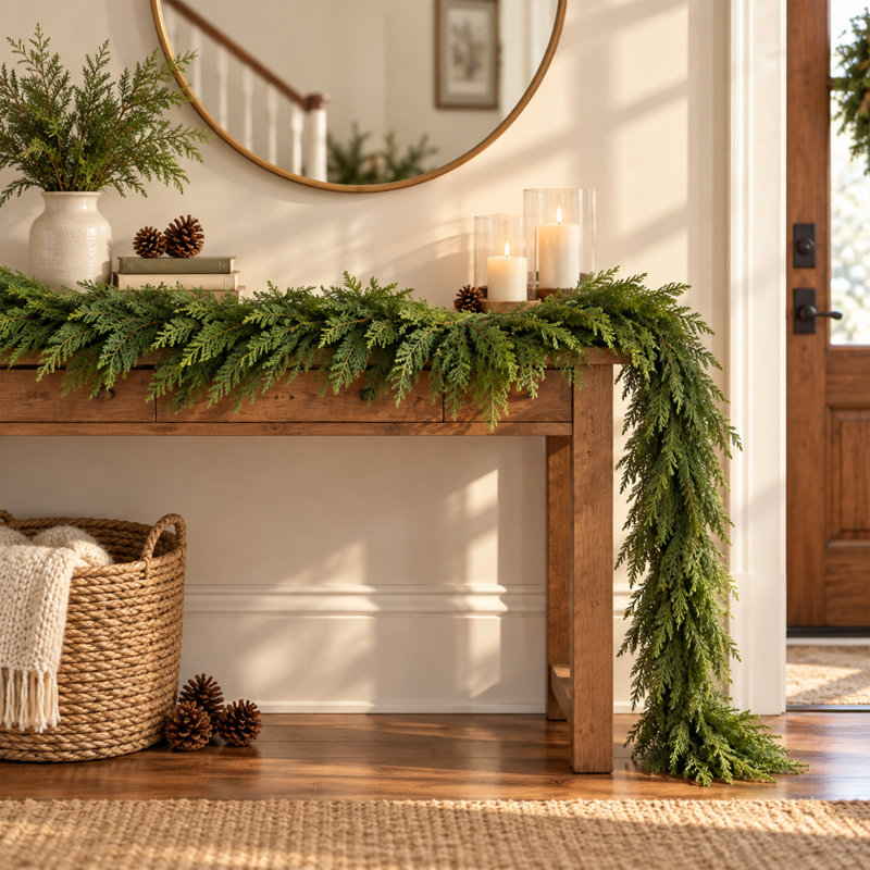Guirlande de Noël artificielle en cèdre de 2,74 m (9 pi), guirlande réaliste en faux pin pour foyer, escalier, guirlande de verdure simple pour la décoration intérieure et extérieure, guirlande vierge idéale pour créer des décorations de Noël personnalisées. (Lot de 2)