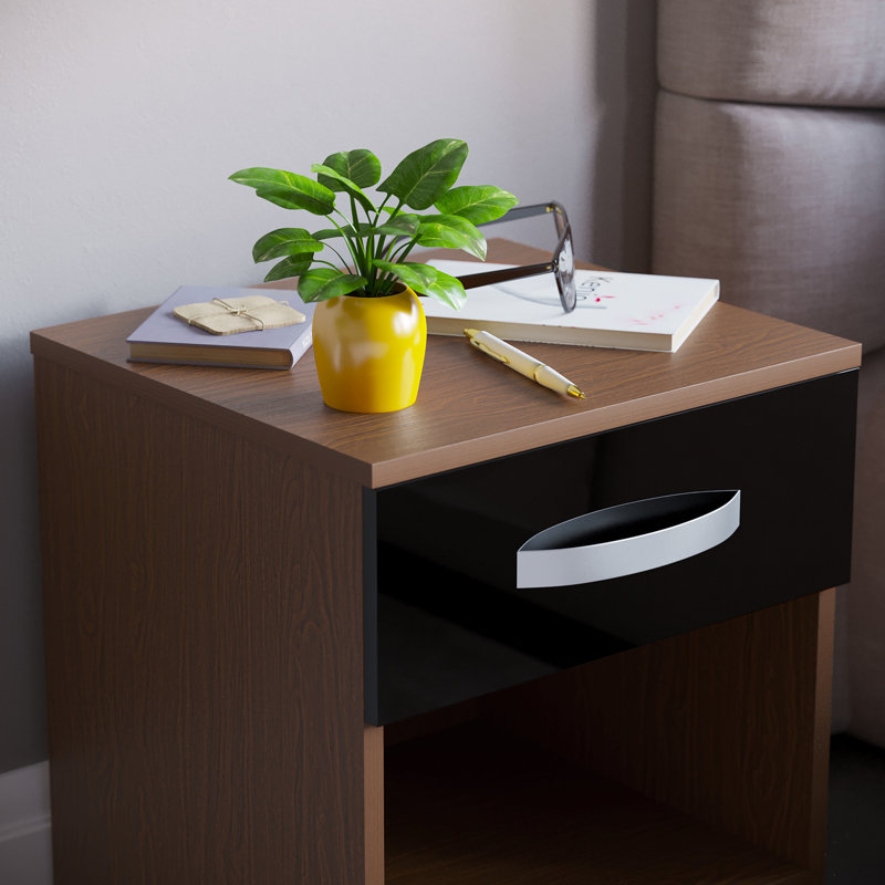 Arkadij High Gloss 1 Drawer Manufactured Wood Bedside Table, Modern Bedroom Cabinet, Black/Walnut