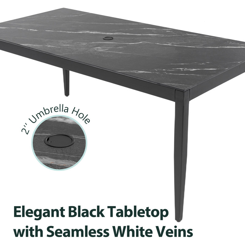 Table de salle à manger d'extérieur rectangulaire en aluminium antirouille de 71 po x 35,5 po avec trou pour parasol
