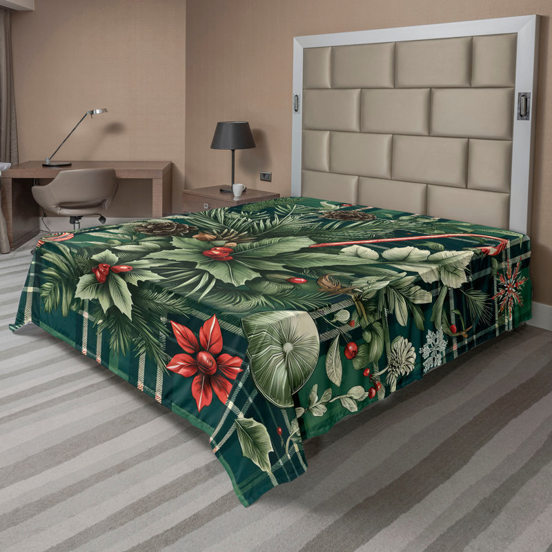 Drap-housse à motif floral Ambesonne, Drap plat de taille très grand, Vert jade, vermillon / floral