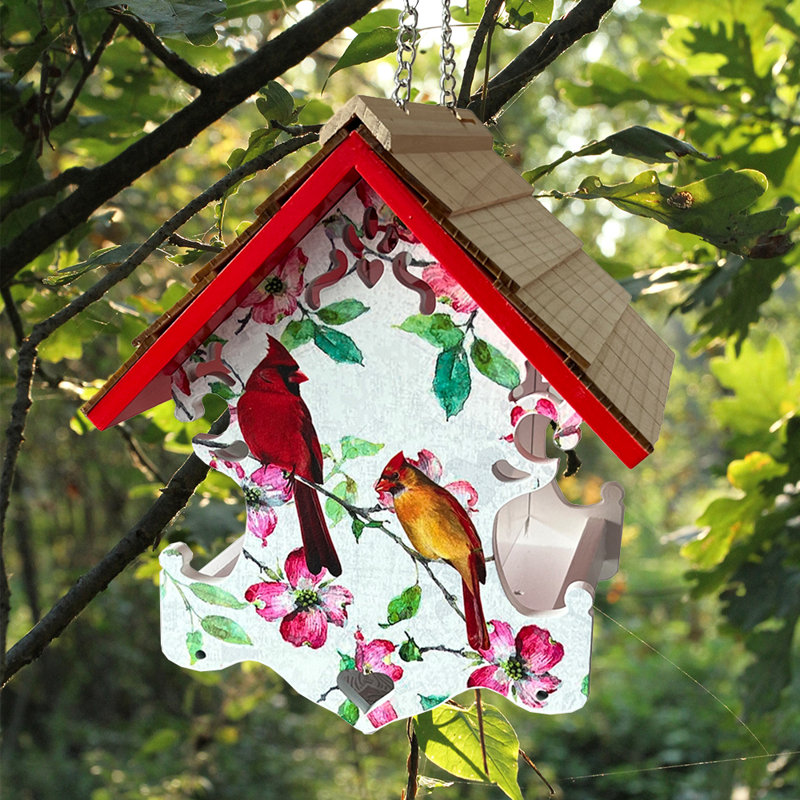 Hanging Metal Bird Feeder with Cardinal and Dogwood Print