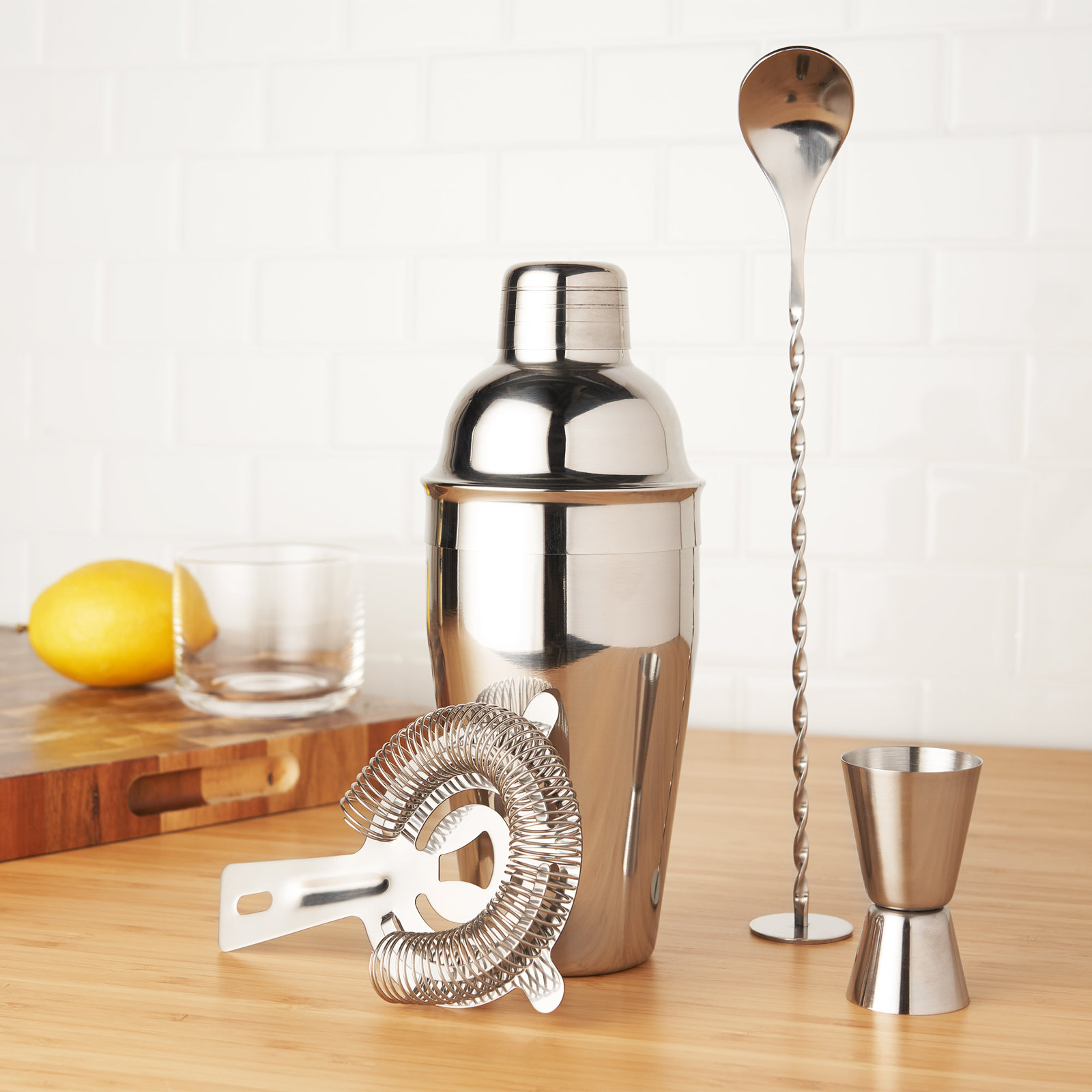 True Stainless Steel Barware Set Includes Cocktail Shaker, Spoon, Jigger, Hawthorne Strainer, Drink, Silver