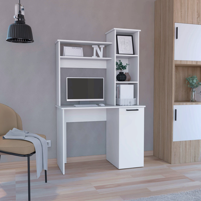 Bureau d'ordinateur avec huche, armoire à une porte, grande surface de travail et tablettes de rangement à 3 niveaux, Blanc
