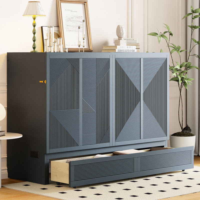 Grand lit avec tiroir, prises de courant et armoire compacte pour les petits espaces de vie