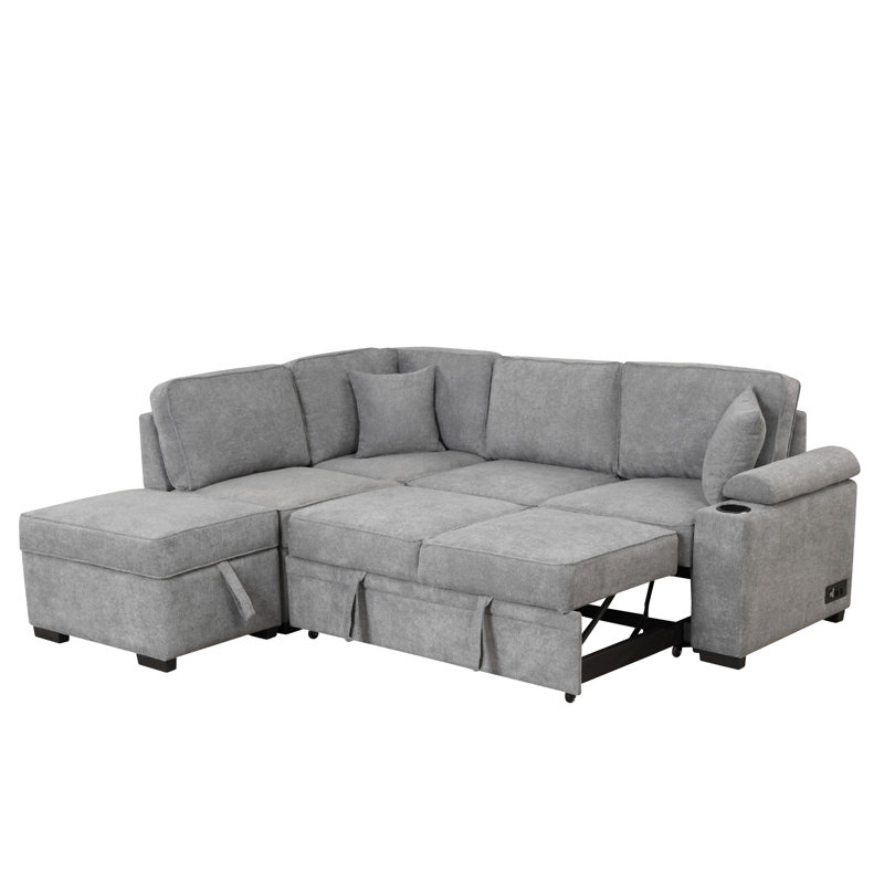 Canapé-lit 84,75 po avec repose-pieds de rangement pour le salon, Lin gris, Orienté à gauche (vu de face)