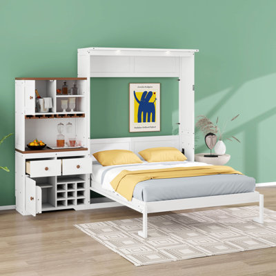 Grand lit escamotable avec armoire de rangement, lit mural avec support à vin, porte-verre, tiroirs et bande à DEL multicolore