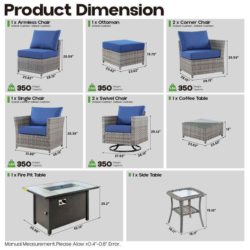 7-person Mostly No Assembly Required Outdoor Sectional With Cushions,swivel Rockers And Fire Pit,all-weather Wicker Patio Set