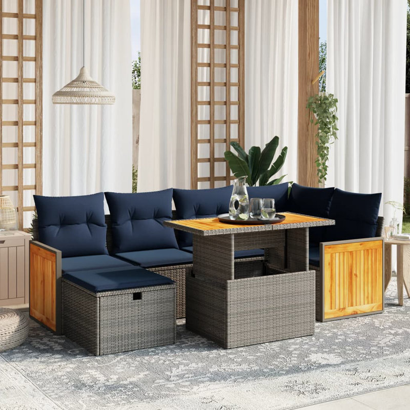  7 Piece Patio Sofa Set With Cushions Poly Rattan, Gray, Blue