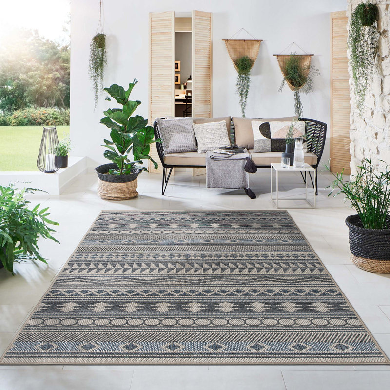 Tapis intérieur / extérieur crème / gris / bleu Ragin, Rectangle 7 pi 10 po x 10 pi