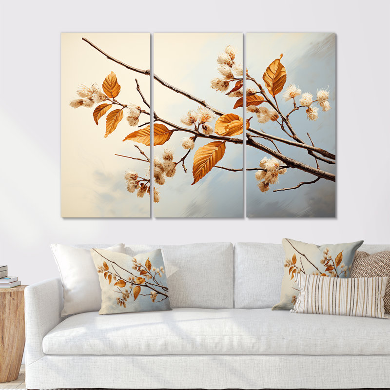 «Soft Brown Blossom Flower Branch I», ensemble de reproductions d'art mural, H 40 po x l 60 po x P 1 po