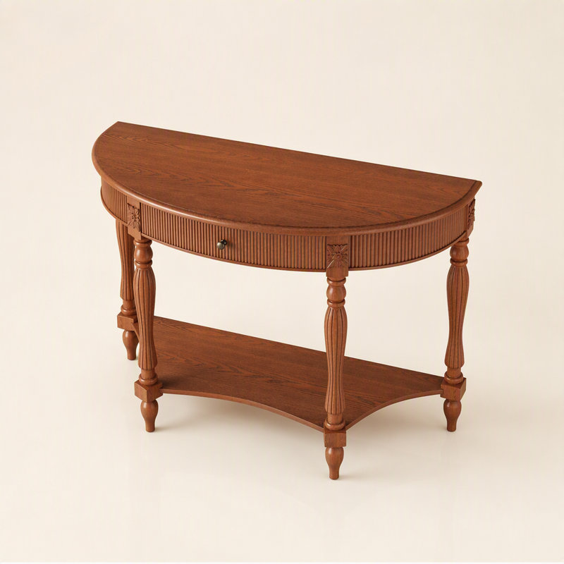 Console demi-lune avec tiroir et tablette, table d'entrée vintage cannelée et incurvée, Blanc, Blanc, Blanc