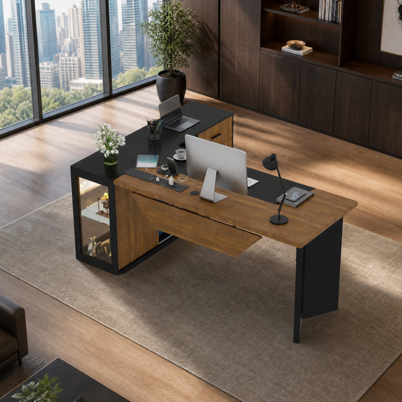 74.4" L-Shaped Executive Desk with Power Outlets, Drawers, Illuminated Cabinet, Modern Office Desk with Open Shelves, Computer Desk