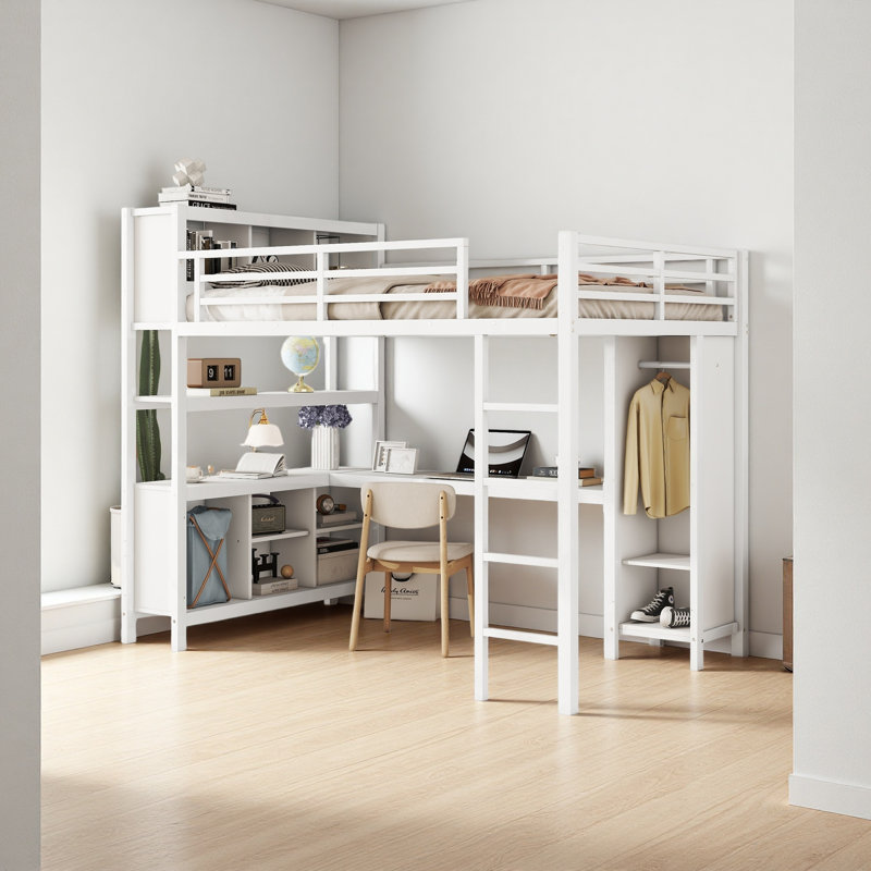 Lit mezzanine en métal robuste avec garde-robe et bureau en L, lit mezzanine double avec cubes de rangement et tablettes, lit mezzanine robuste pour enfants, adolescents et adultes