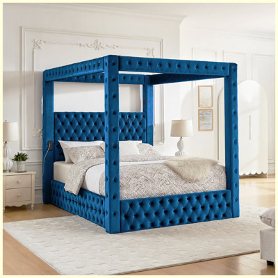 Lit à baldaquin Queen Size en velours avec tête de lit capitonnée, haut-parleur Bluetooth et ports de chargement USB, bleu