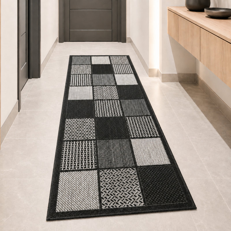 Non Slip Rug Flat Weave Check Kitchen Living Room Carpet, Runner 60 x 180 cm, Black