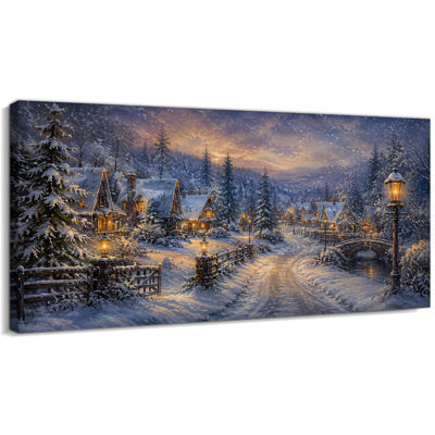 Tableau sur toile représentant un village de Noël et des pins enneigés en hiver (12 x 24 pouces)