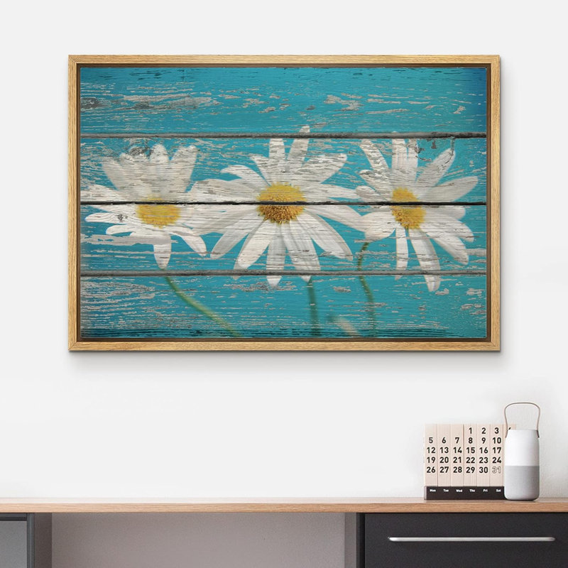 Art rétro sur toile effet fleurs de marguerite rétro sur fond en bois, Cadre naturel flottant, H 16 po x l 24 po x 1,5 po
