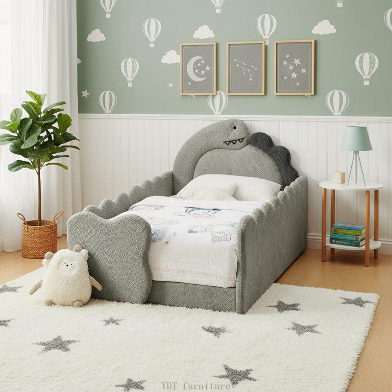 Twin Size Dinosaur-Shaped Kids Bed with Safety Guardrail, Solid Wood Frame, Boucle Fabric, Gray