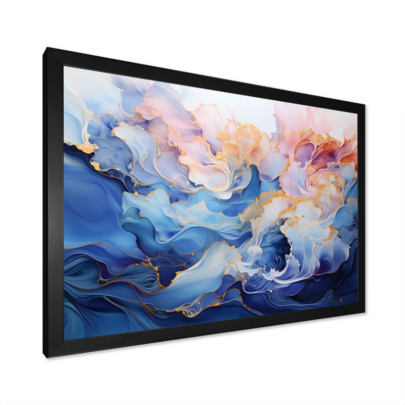 Rêve d'encre rose et bleue sur toile, Cadre simple noir, H 34 po x l 44 po x P 1,5 po