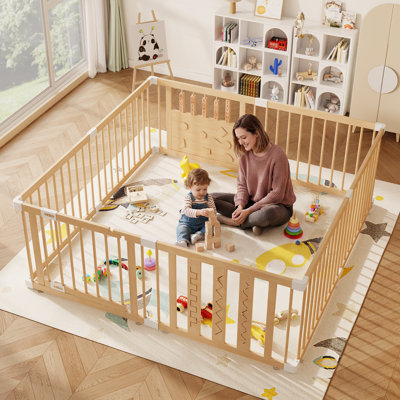Natural Wood Baby Playpen, 8 Panels lay Yard, Door  Toys Easy to Assemble, Large Portable Play Pen for Babies and Toddlers, Infant Play Pen Play, Mad