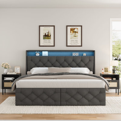 3-Piece Bedroom Set with Upholstered Platform Bed and 2 Rattan Nightstands, LED Headboard, Storage Drawers and Charging Station