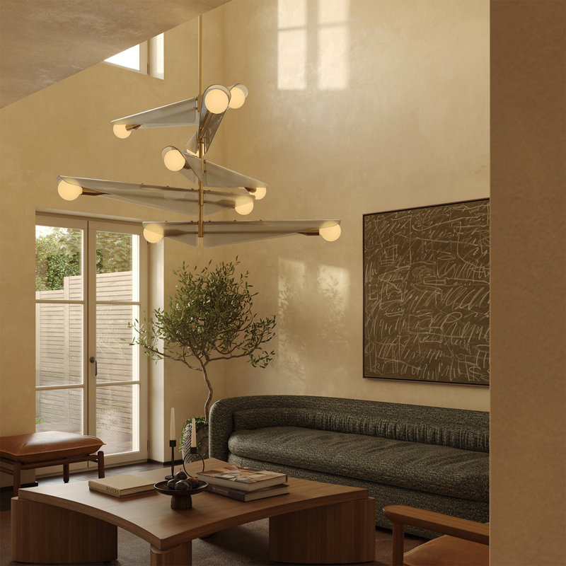 Lustre sycomore 3 niveaux, Gris matinal, 10 lumières, H 30,5 po x l 55,13 po x P 55,13 po