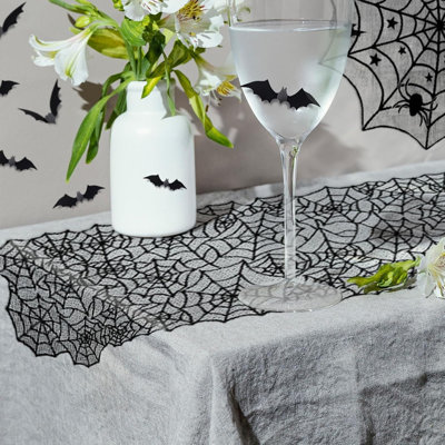 39-Piece Halloween Decorations Set, Black Lace Spiderweb Tablecloth and Spooky Party Decor, Gothic Halloween Decorations for Haunted House, Costume Parties and Seasonal Celebrations