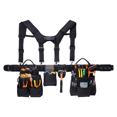 Tool Belt, 19 Pockets Tool Pouch with Suspenders for Men, Heavy Duty Adjustable Utility Belt Work Bag Detachable Suspension Rig for Electrician, Carpenter, Construction, Adjust Waist 31 to 51in