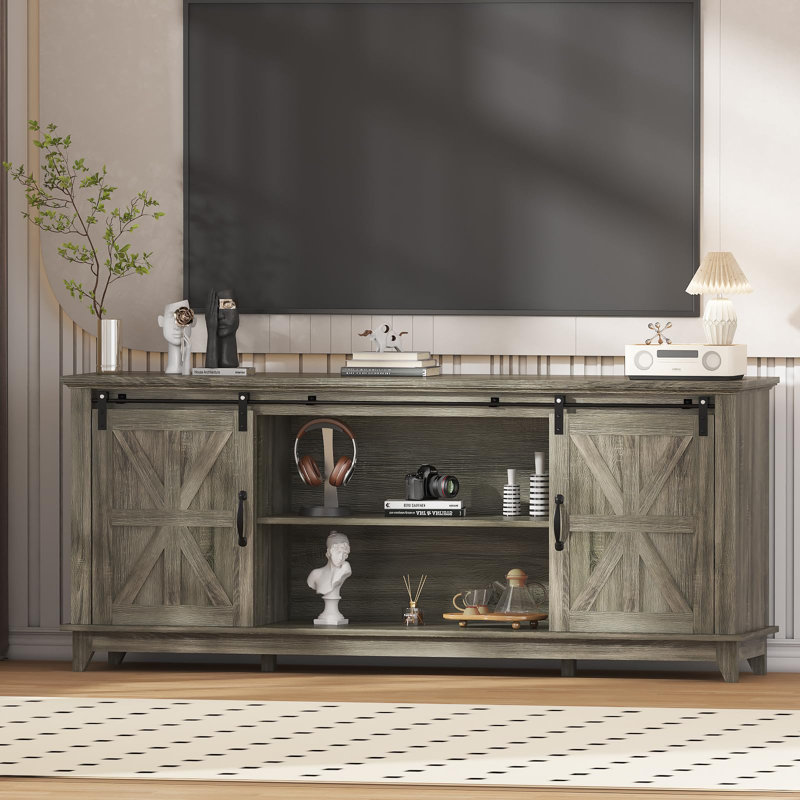 66" Gray Farmhouse Home TV Stand for Up to 75" Television Entertainment Center with Storage & Adjustable Shelf, Gray