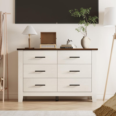 Commode 6 tiroirs pour chambre à coucher, commode en bois de ferme de 47 po de largeur avec glissières en métal, armoire de rangement grande capacité pour entrée de salon de chambre de bébé, blanc et brun