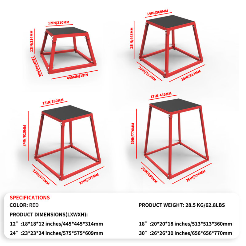 Steel Plyometric Jump Box, 45 cm with Anti-Slip Rubber Surface, Stable Trapezoidal Fitness Platform, 226kg Capacity, Black & Red for Home and Gym