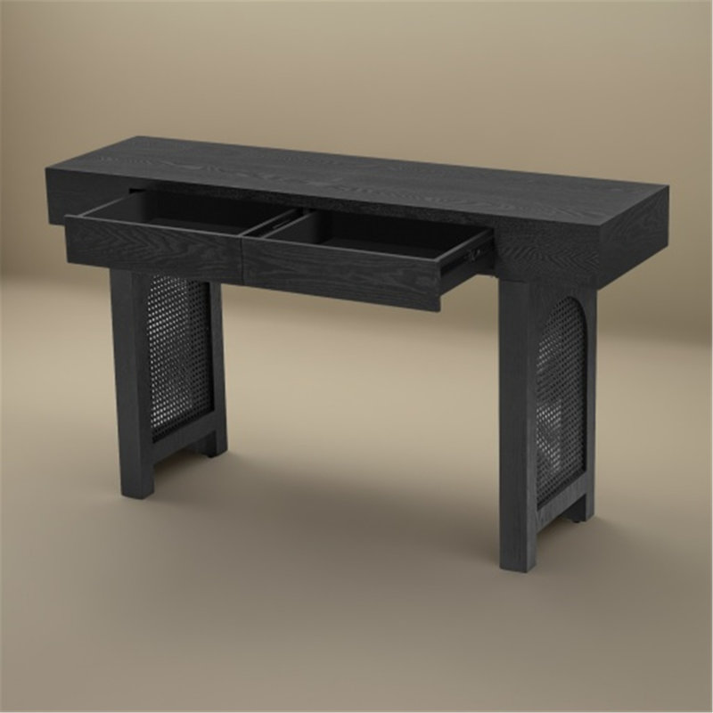 Console vieillie avec détails en rotin et rangement, idéale pour le style de la maison