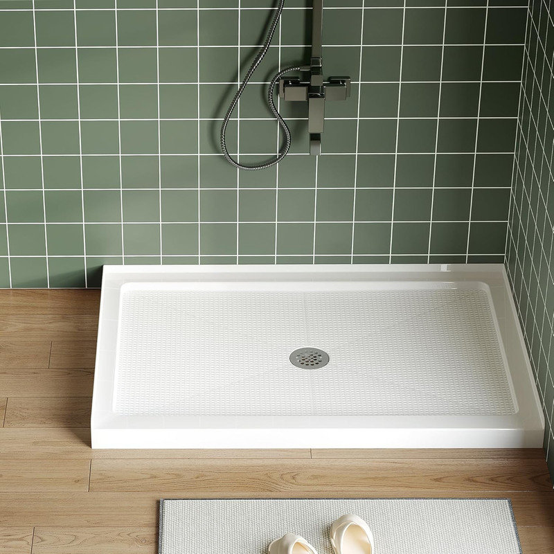 Acrylic PVC Shower Pan with Anti‑Slip Surface, 3‑Side Water Retaining Base & Drain Options for Alcove Bathroom