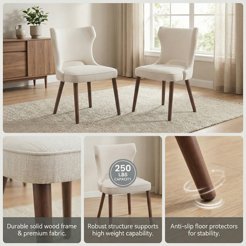 18.3'' Seat Height Modern Upholstered Wingback Dining Chair with Solid Wood Legs, Beige