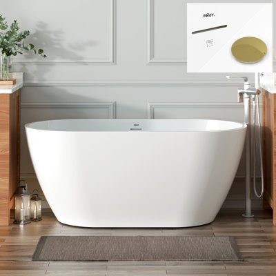 FerdY Bali 55" Acrylic Freestanding Bathtub, Gracefully Shaped Freestanding Soaking Bathtub, Toe-Tap Polished Gold Drain and Overflow Included, Glossy White, cUPC Certified,