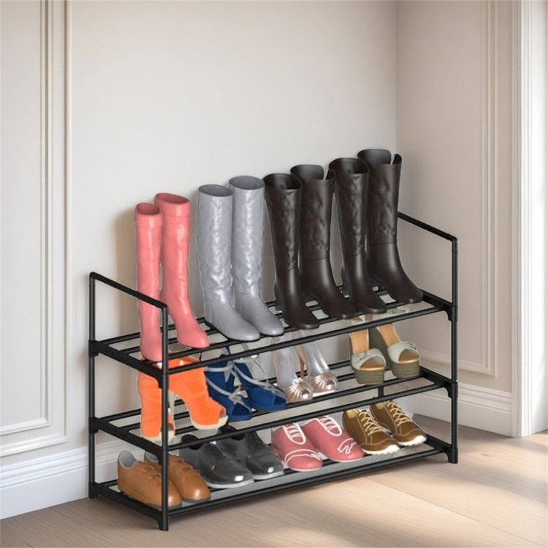 3-Layer Metal Shoe Rack, Adjustable Shoe Rack Storage Organizer With Hooks, Stackable Boot And Shoe Storage For Entrance, Hallway, Closet, Black