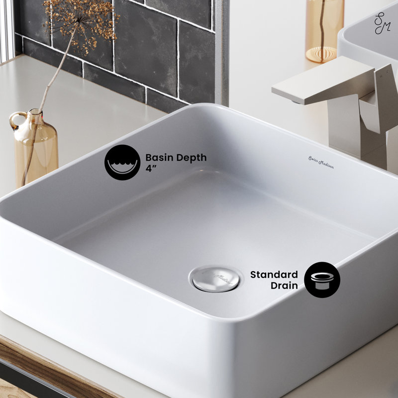 White Ceramic Square Above-Counter Vessel Sink, 15.74"