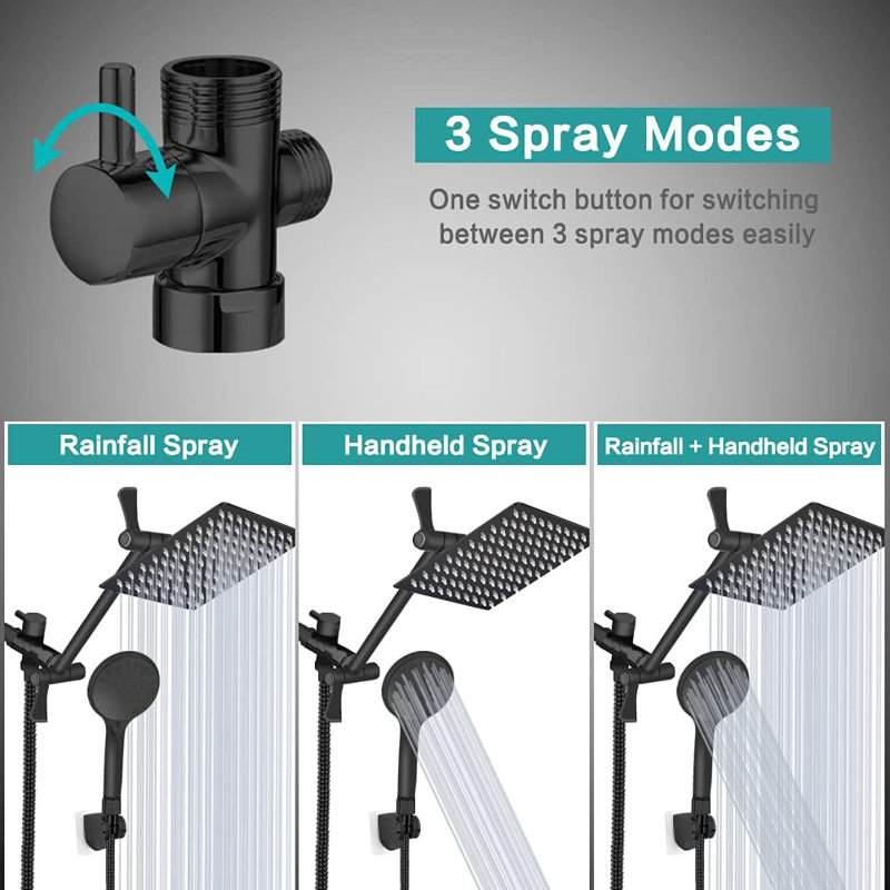 Système de douche à pluie 8 po: Combinaison de pluie / de poche, 9 réglages, bras d'extension réglable, noir mat