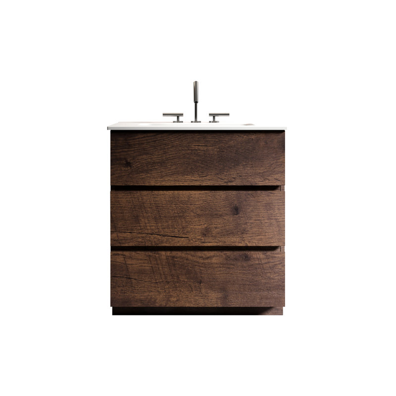 Lavabo pour salle de bain en noyer. Espace intérieur maximisé, fonctionnement silencieux. Forme de poignée ergonomique. Bassin blanc. Armoire moderne pré-assemblée en noyer de 30 po. Espace de travail spacieux.