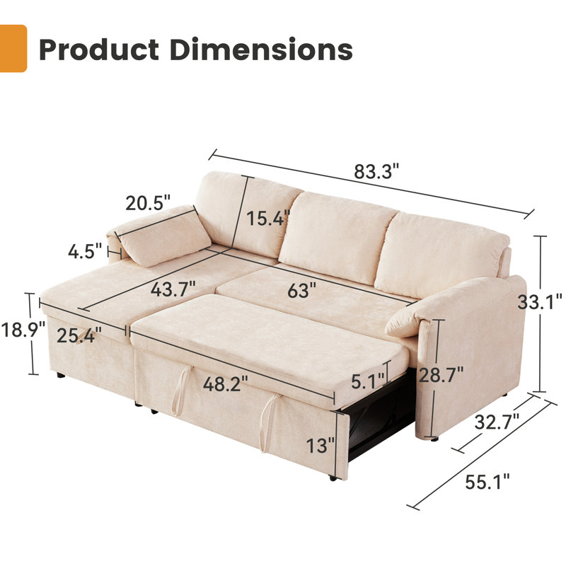 Canapé-lit rembourré 83,3 po avec rangement USB, Chenille beige