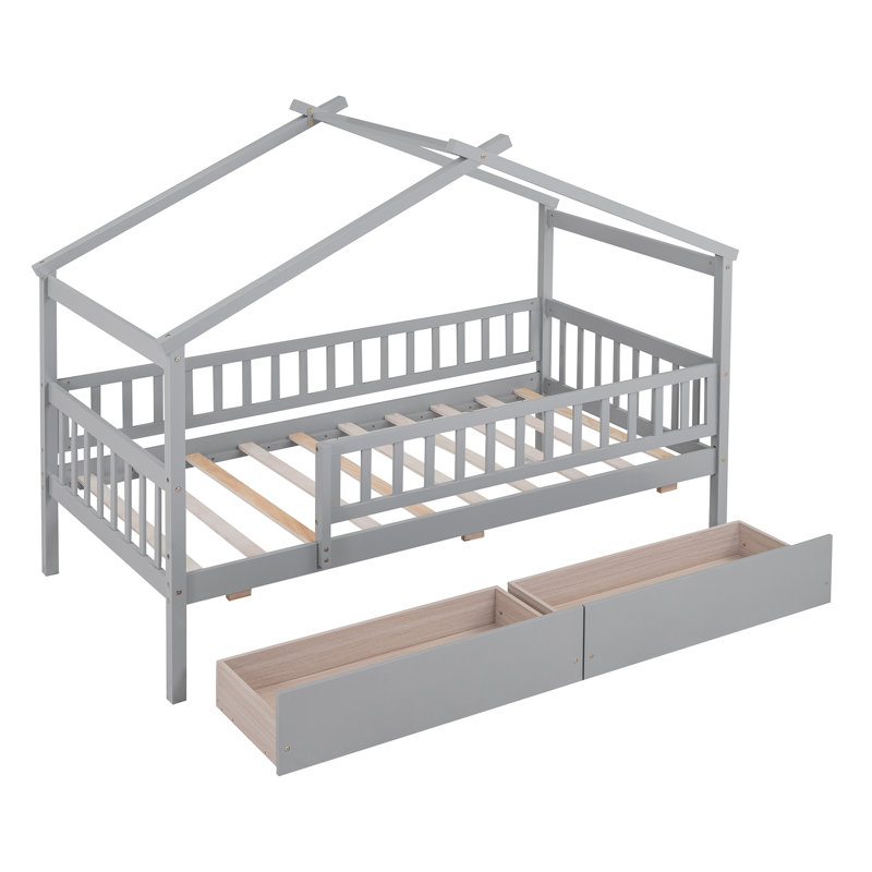Lit simple en bois avec deux tiroirs, Gris