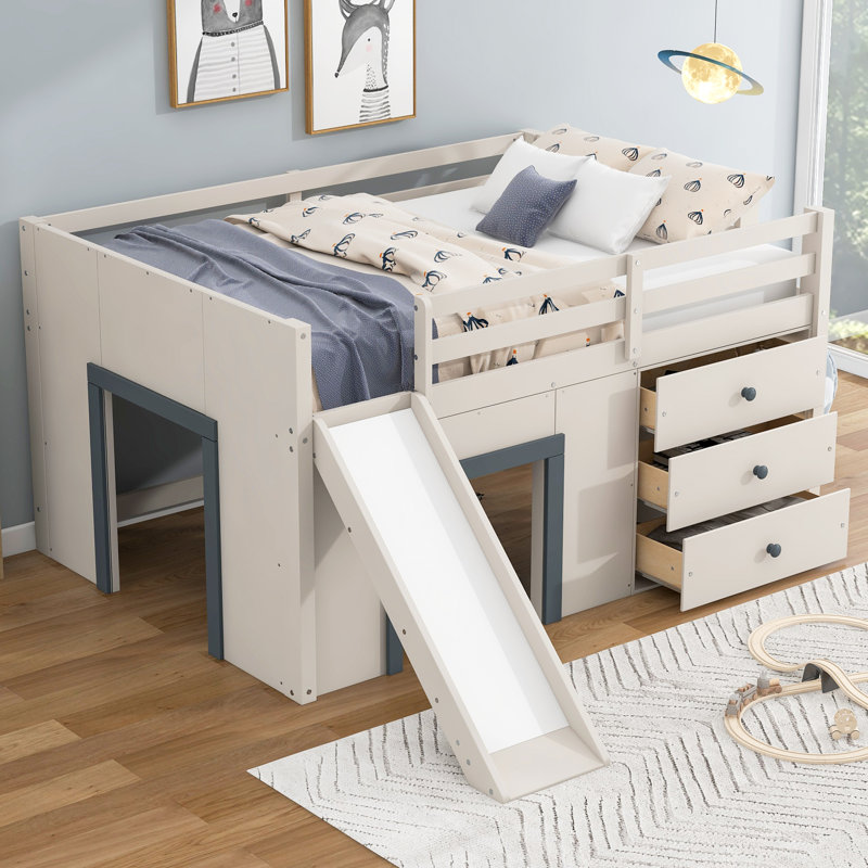 Full Low Loft Bed With Storage, Beige