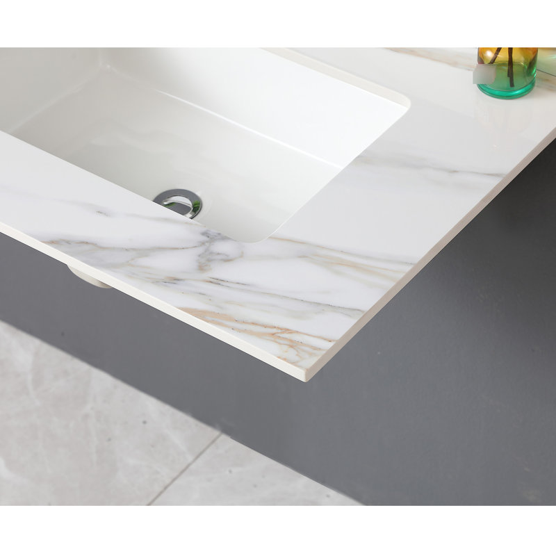 Bathroom Sink Vanity Top - 31 Inch White Marble, 4" High Backsplash, Water Damage Protection, Sintered Stone 31" Rectangular Sink, Absorption Prevention, Pre-Drilled Faucet Hole, Construction